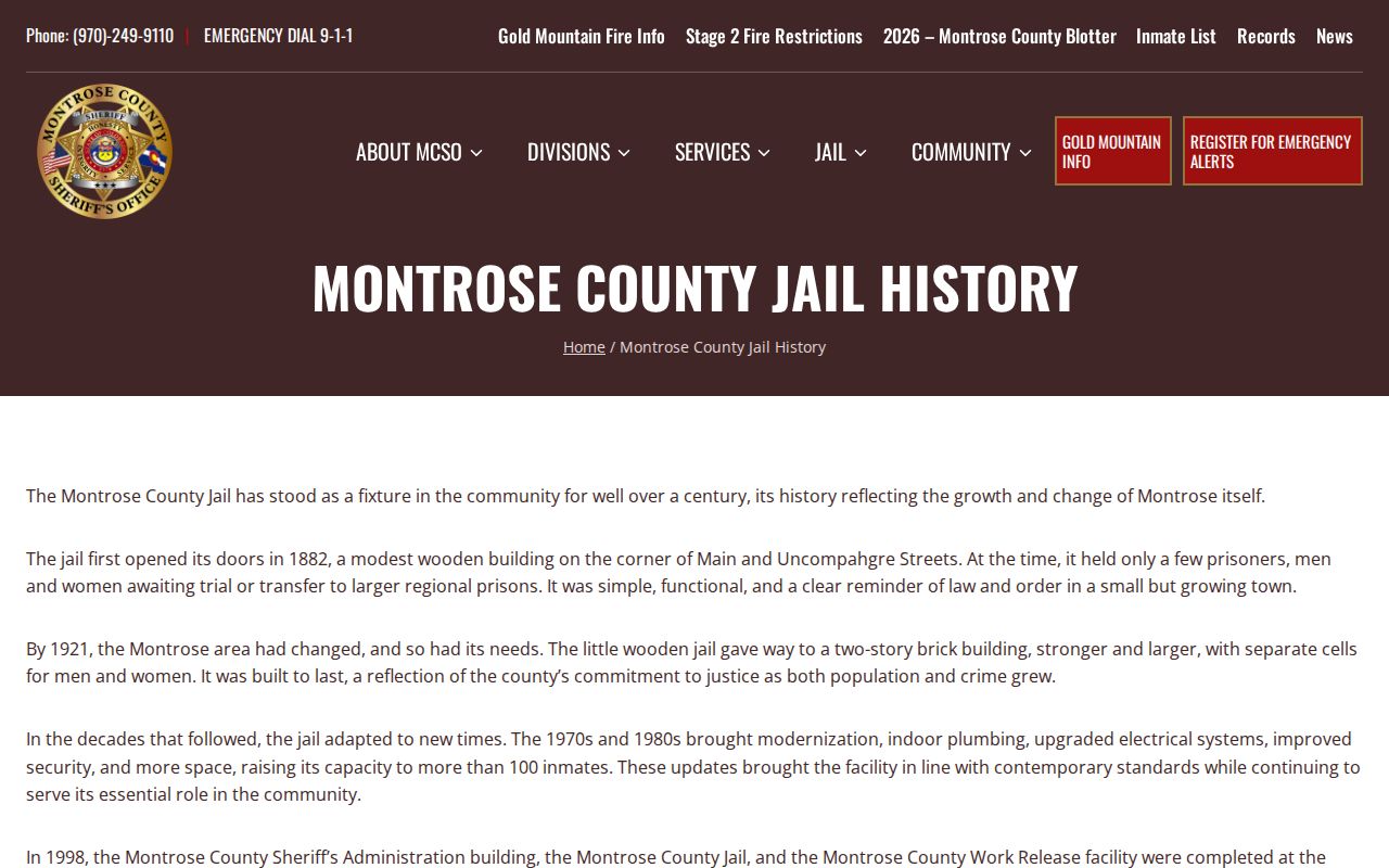 Montrose County Jail release record history and capacity source