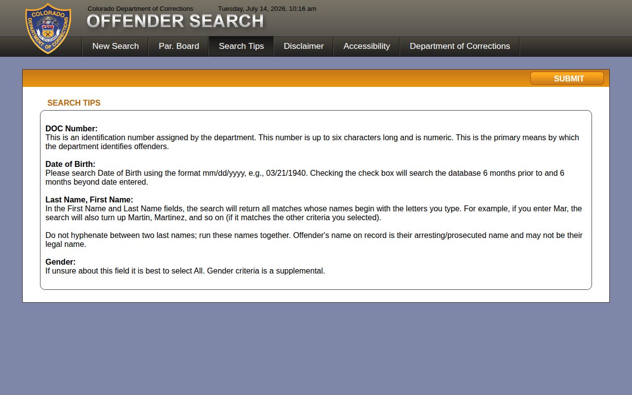 Montrose County projected release date CDOC search tips screenshot